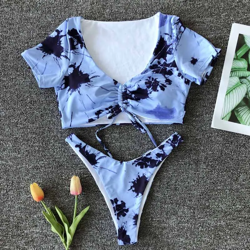 Сексуальное бикини с коротким рукавом и принтом 2020 женский купальник женские