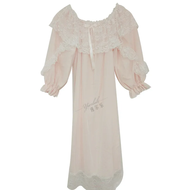 Autumn New Style Cotton Long Sleeve Nightdress Women's Retro Palace Sweet Princess Nightdress Lace Mesh Beautiful Home Clothes