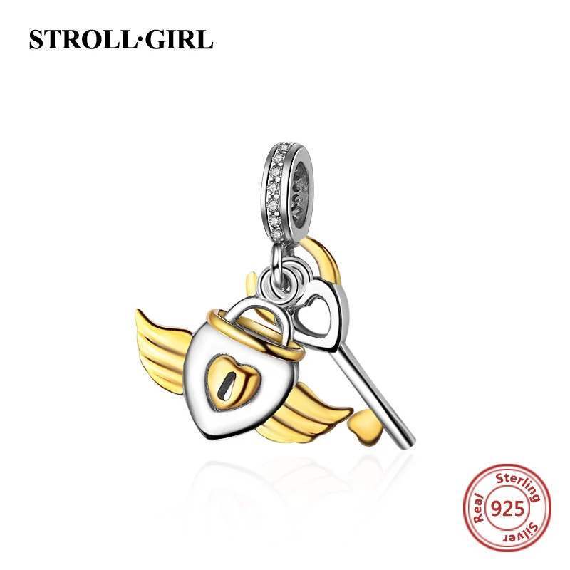 925 стерлингового серебра замочек в виде сердца и ключ Подвески бусины с золотыми