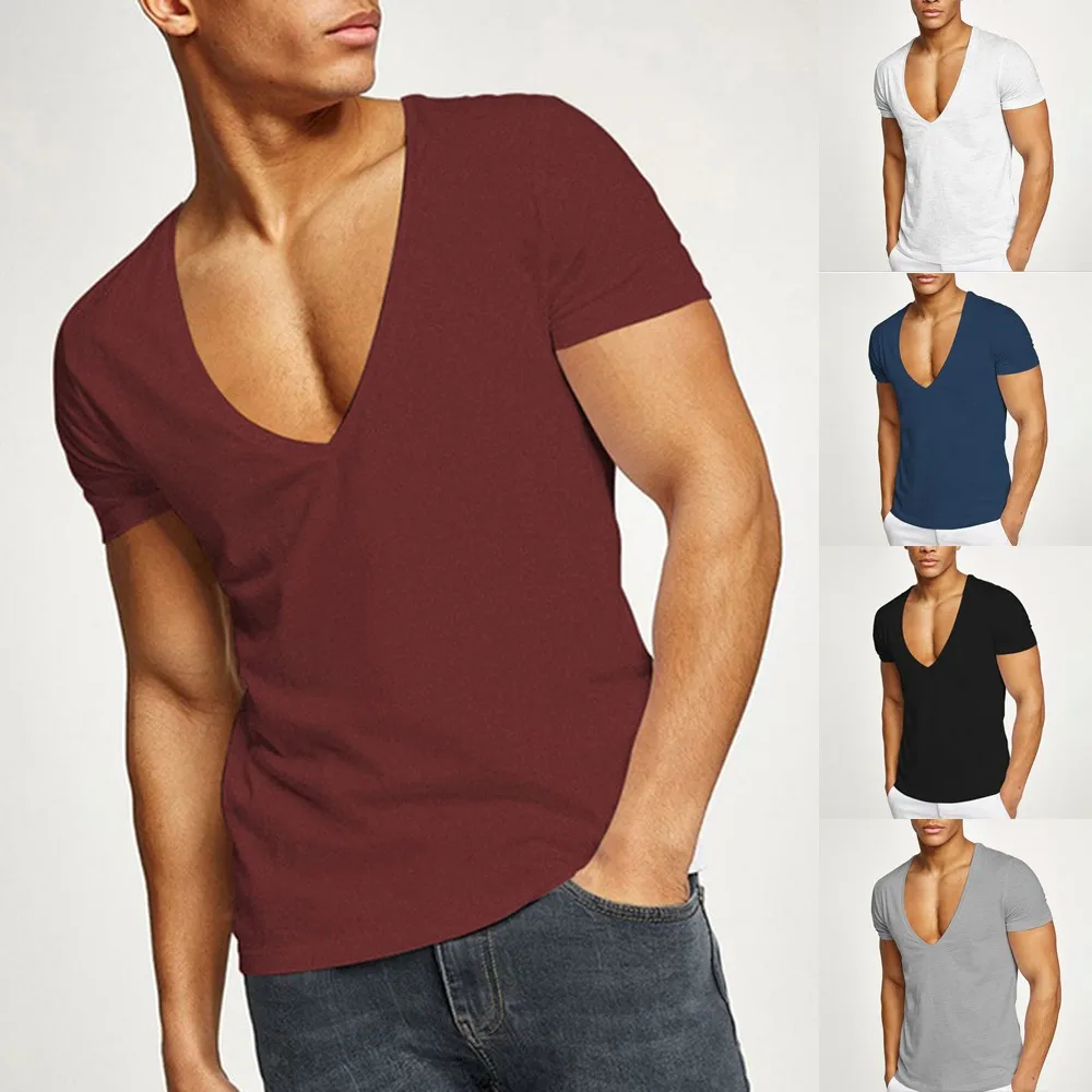 

Men Casual Gym Muscle Tops Big V-Neck Short Sleeve Mesh Breathable Bodybuilding Sport Fitness Solid Color Tops Tees