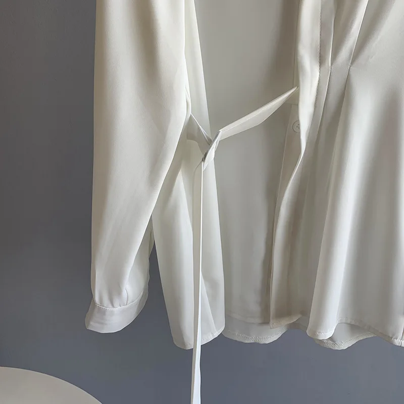 

Autumn female slim fit side chiffon bandage fashion temperament retro French shirt long sleeve lapel solid color jacket