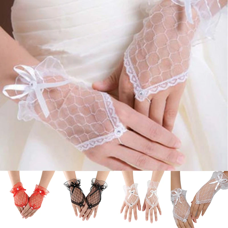 

Bowknot Bride Party Gloves 1 Pairs Beautiful Solid Color Lace Fingerless Short Gloves Gloves Sexy Fashion Gloves See Through