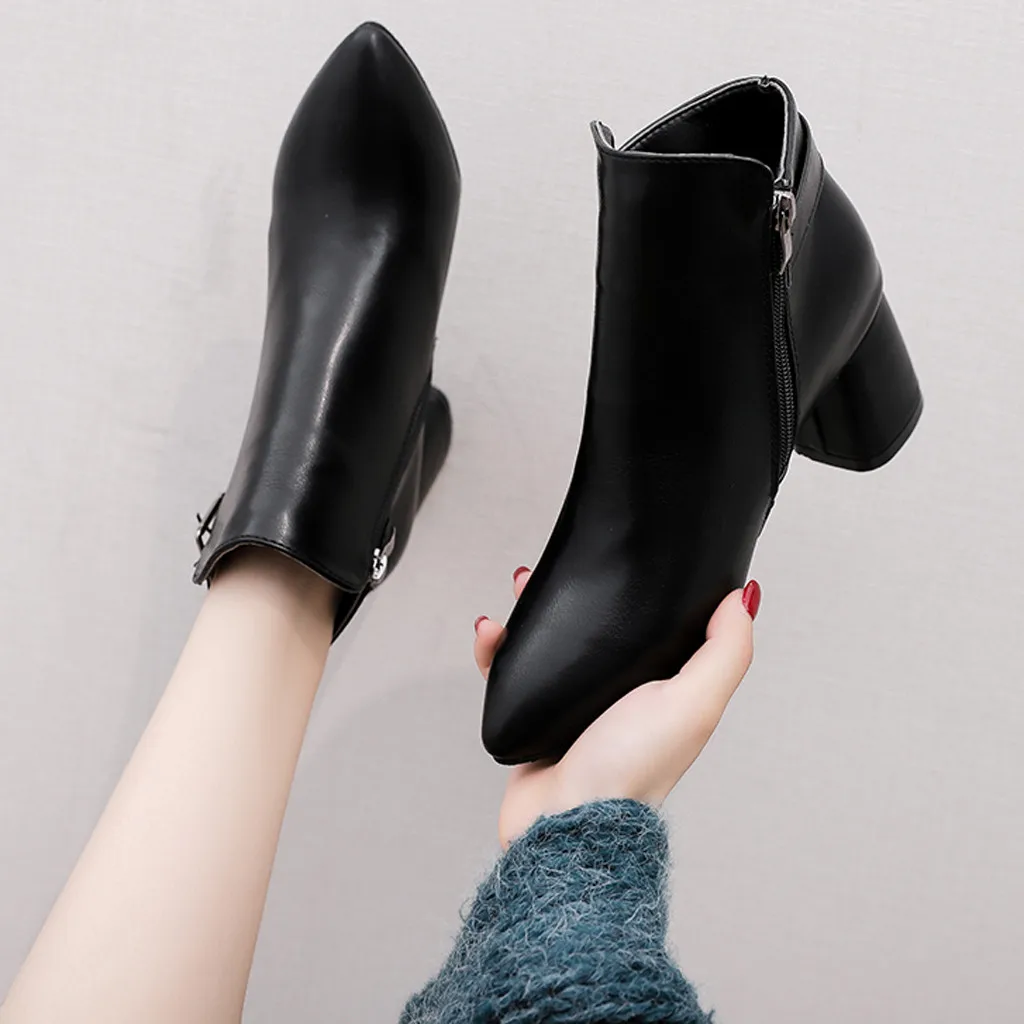 Зимние ботинки черная кожаная обувь женские винтажные ботильоны с острым носком
