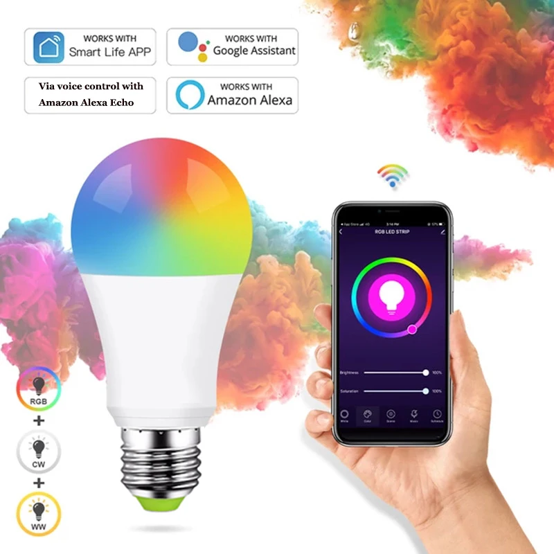 

WiFi Smart Light Bulb E27 E22 LED Lamp RGB+White+Warm White Work With Alexa/Google Home Dimmable Timer Function RGB LED Bulb