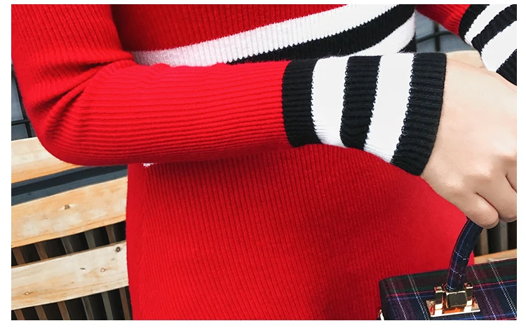 Женское трикотажное платье в полоску Красное Длинное Платье составного кроя с