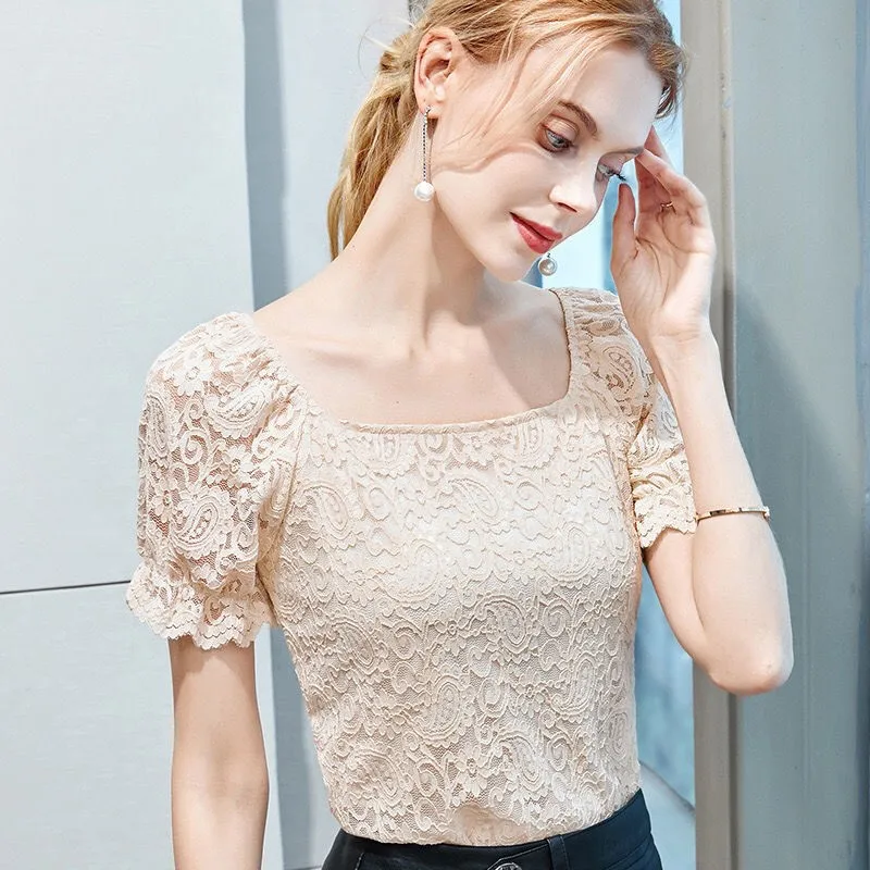 

Summer T-shirt Female Sexy Black Lace Shirts Short Sleeve Top Elegant Shirt Womens Puff Sleeve Plus Size Tee Tops Women Fashion