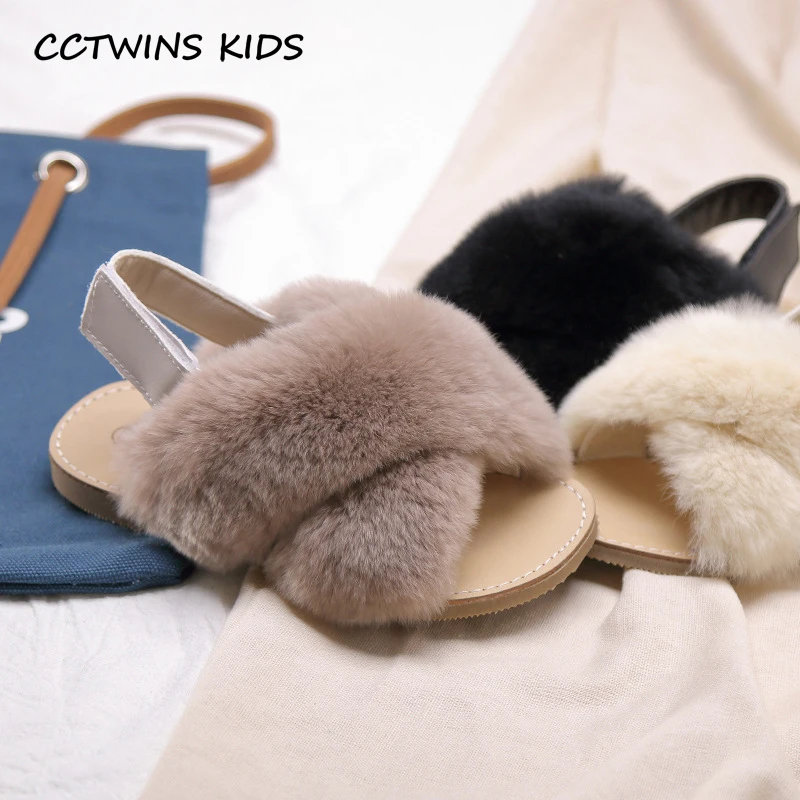 

Girls Sandals Shoes 2019 Summer Boys Fashion Rabbit Hair Beach Slippers Kids Barefoot Flats Children Baby Brand Soft Shoes SD018