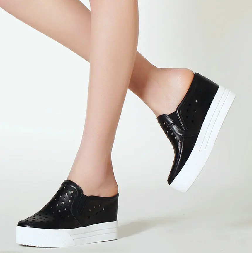 Summer Fashion Sneakers Women Genuine Leather Wedges High Heel Gladiator Sandals Female Hollow Round Toe Pumps Shoe Casual Shoes