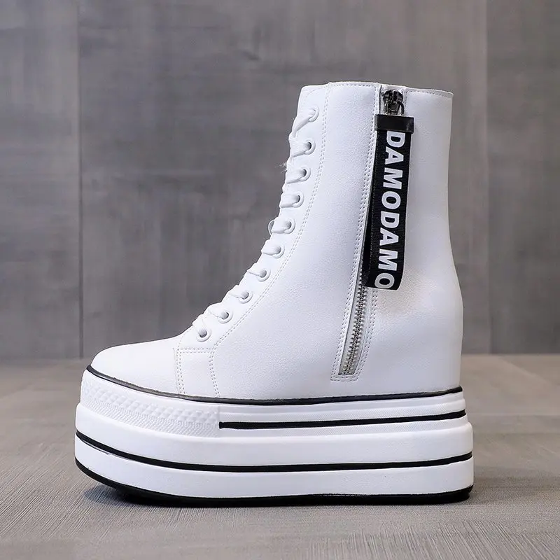 

2021 Autumn High Platform Sneakers 9CM High Heels Women Thick Sole Ankle Boots Leather Wedge Winter Casual Shoes White Boots