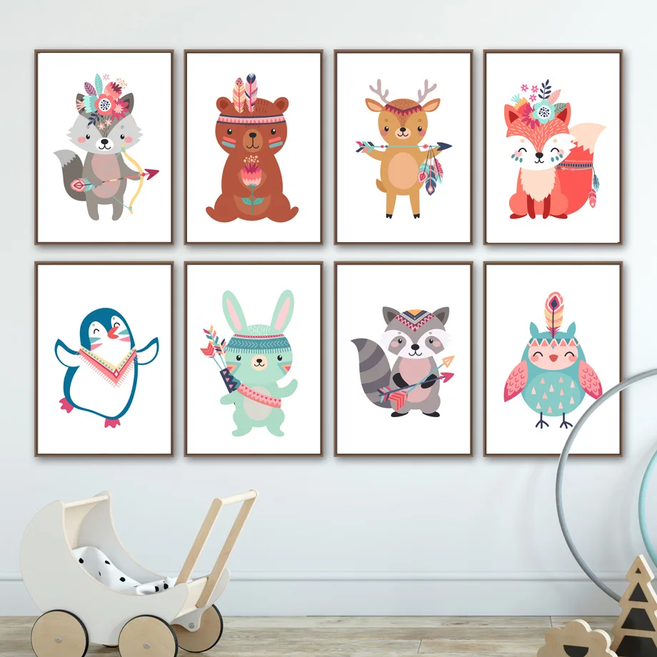 

Boho Cartoon Bear Deer Fox Rabbit Owl Nursery Wall Art Print Canvas Painting Nordic Poster Wall Pictures Baby Kids Room Decor