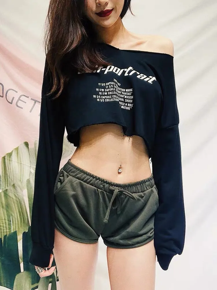 

Весенняя Новинка, Модный свитшот с буквенным принтом, нестандартный вырез, женские повседневные свободные худи с коротким длинным рукавом, ...