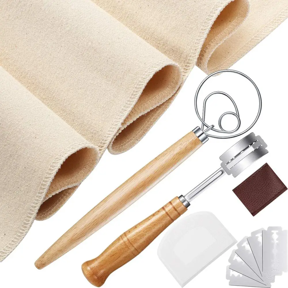 Bread Making Tools Including Danish Dough Whisk, Dough Scraper, Pastry Proofing Cloth, Bread Lame w/5 Replacement Blades