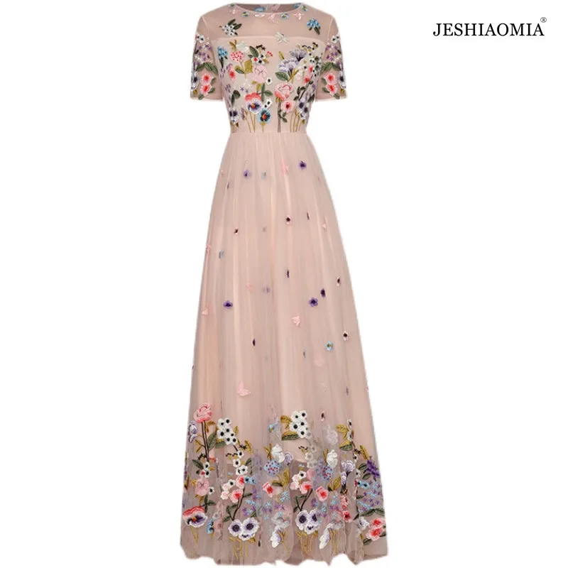 

JESHIAOMIA- 2021 Summer Round Neck Flower Embroidered Mesh Dress