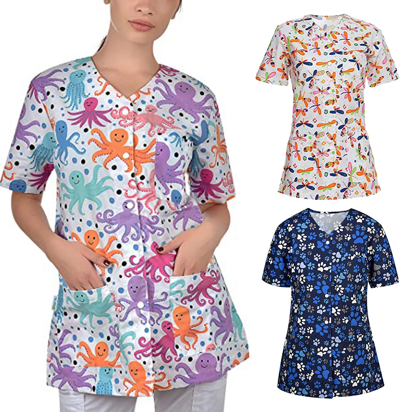 

Women Fashion T-shirt Animal Printing Short Sleeve V-Neck Tops Nursing Working Uniform Plus Size Blouse 2021 Summer Camicia