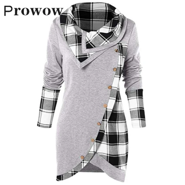 

Prowow Winter Plaid Turn-down Collar Sweatshirts Cotton Blend Female Casual Loose Streetwear Long Sleeve Button Pullover Coats