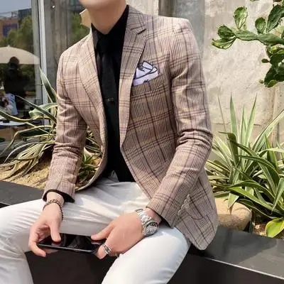 Мужской Блейзер Homme британский клетчатый пиджак цвета хаки в клетку приталенное