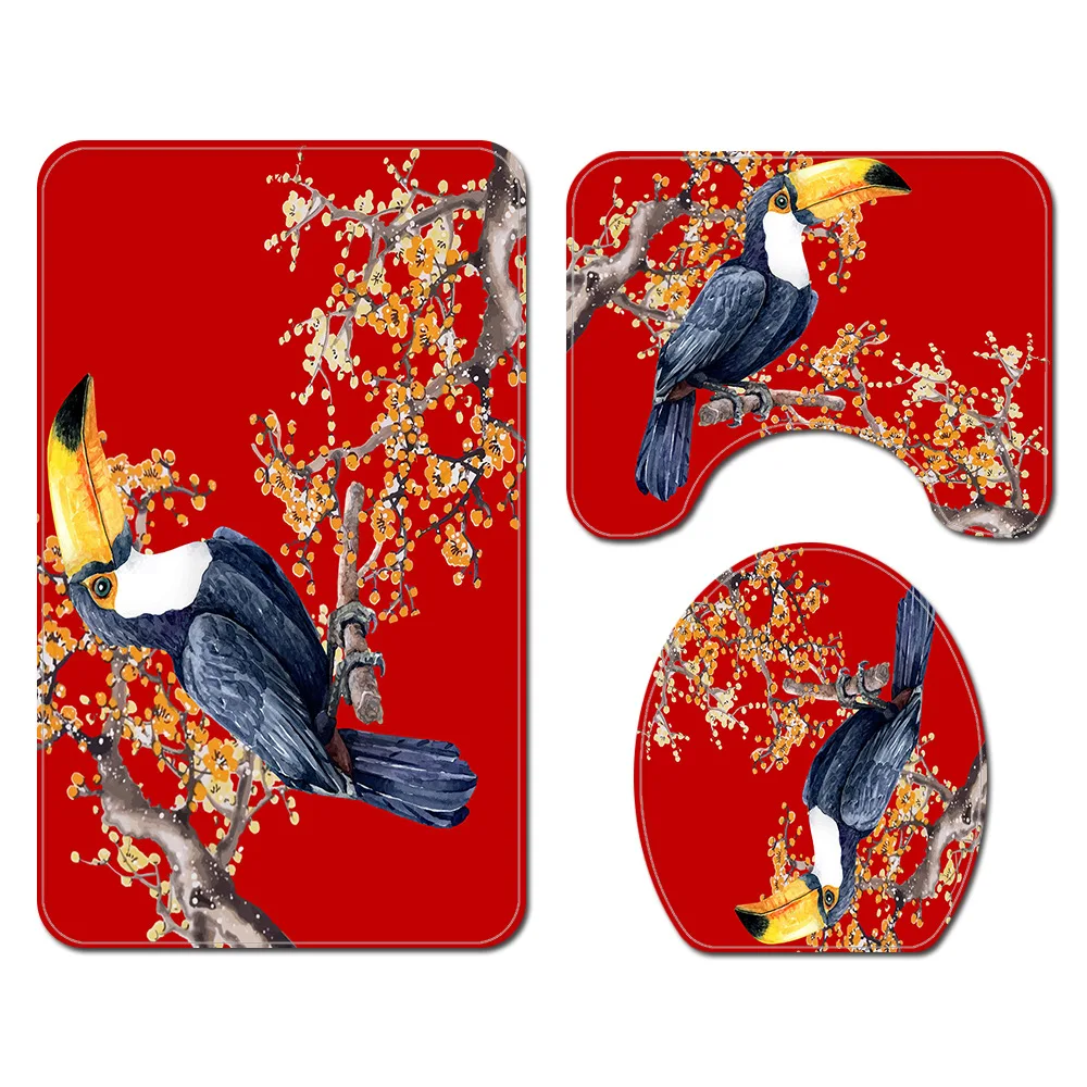 

Bird Print Bath Mat and Waterproof Shower Curtain Set Microfiber Toilet Carpet Bathroom Decoration Toilet Mat Anti-Slip Rug Set