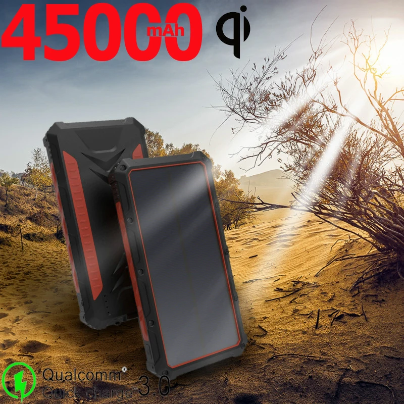 Солнечный внешний аккумулятор 45000 мАч большая емкость беспроводной светодиодный