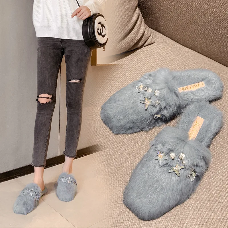 Fahion Real Rabbit Fur Winter Slippers For Women Plush Fur Soft Warm Outdoor  Non-Slip Cartoon Cotton Home Slippers Sale