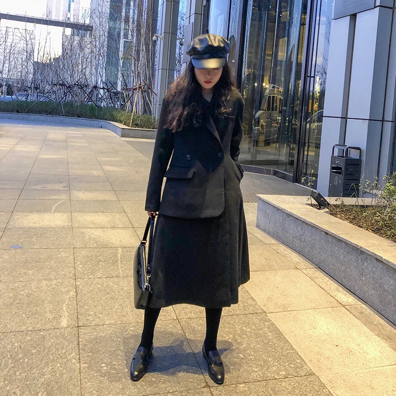 

[EAM] Loose Fit Black Irregular Big Size Long Woolen Coat Parkas New Long Sleeve Women Fashion Tide Autumn Winter 2021 1DA470