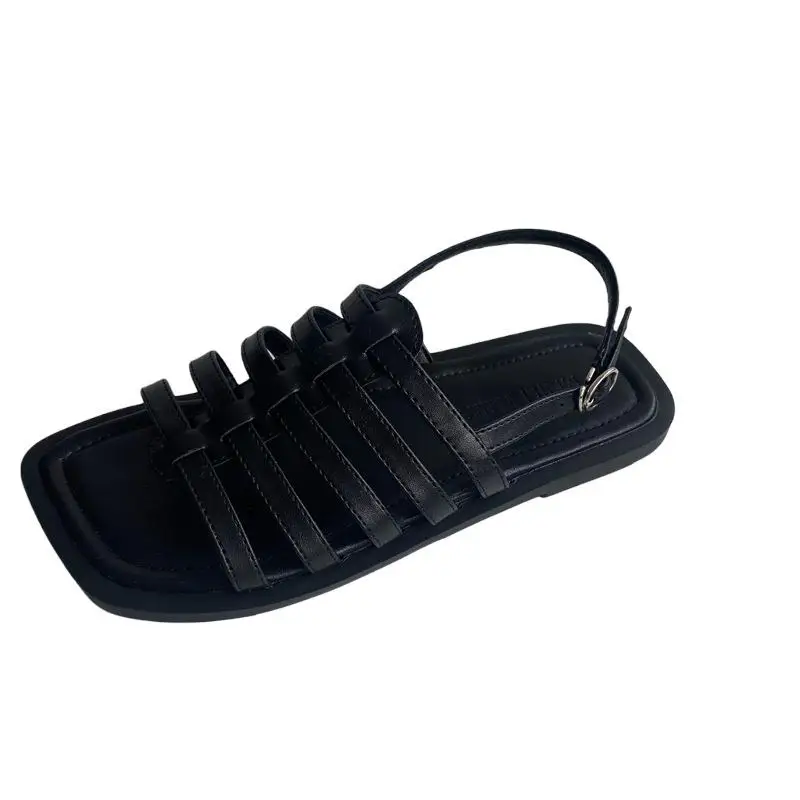 

2021 Summer Flat Sandal Shoe Women's Heels All-Match Suit Female Beige Square Toe Without Low Girls Fashion Comfort New Black