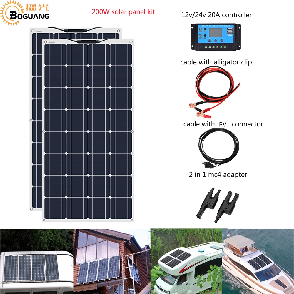 

Boguang 2pcs 100w Flexible Solar Panel cell Module 200W DIY Kit PV RV Car Boat Home Use 12V /24V battery CaravanCamper Roofs