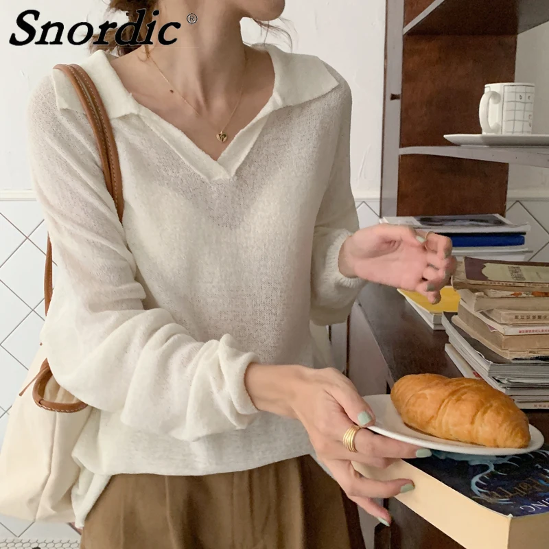

2021 Women Autumn Knitted Blouse Polo-neck Long Sleeve Knitting Shirt Outwear Casual Tops Oversize Perspective Overshirt