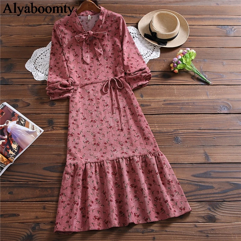 Новое поступление 2020 Весна Осень женское длинное платье воротник бант Цветочный