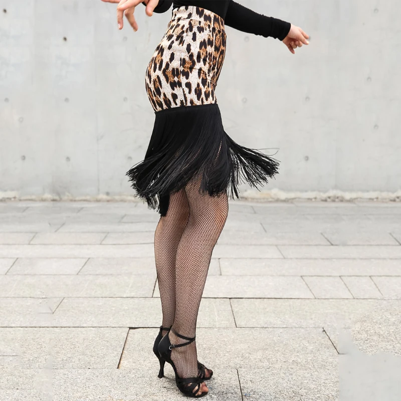 New Latin Dance Leopard Skirt Women Black Fringe Skirt Competition Tassel Costume Cha Cha Rumba Samba Dance Dress Latin BL2884