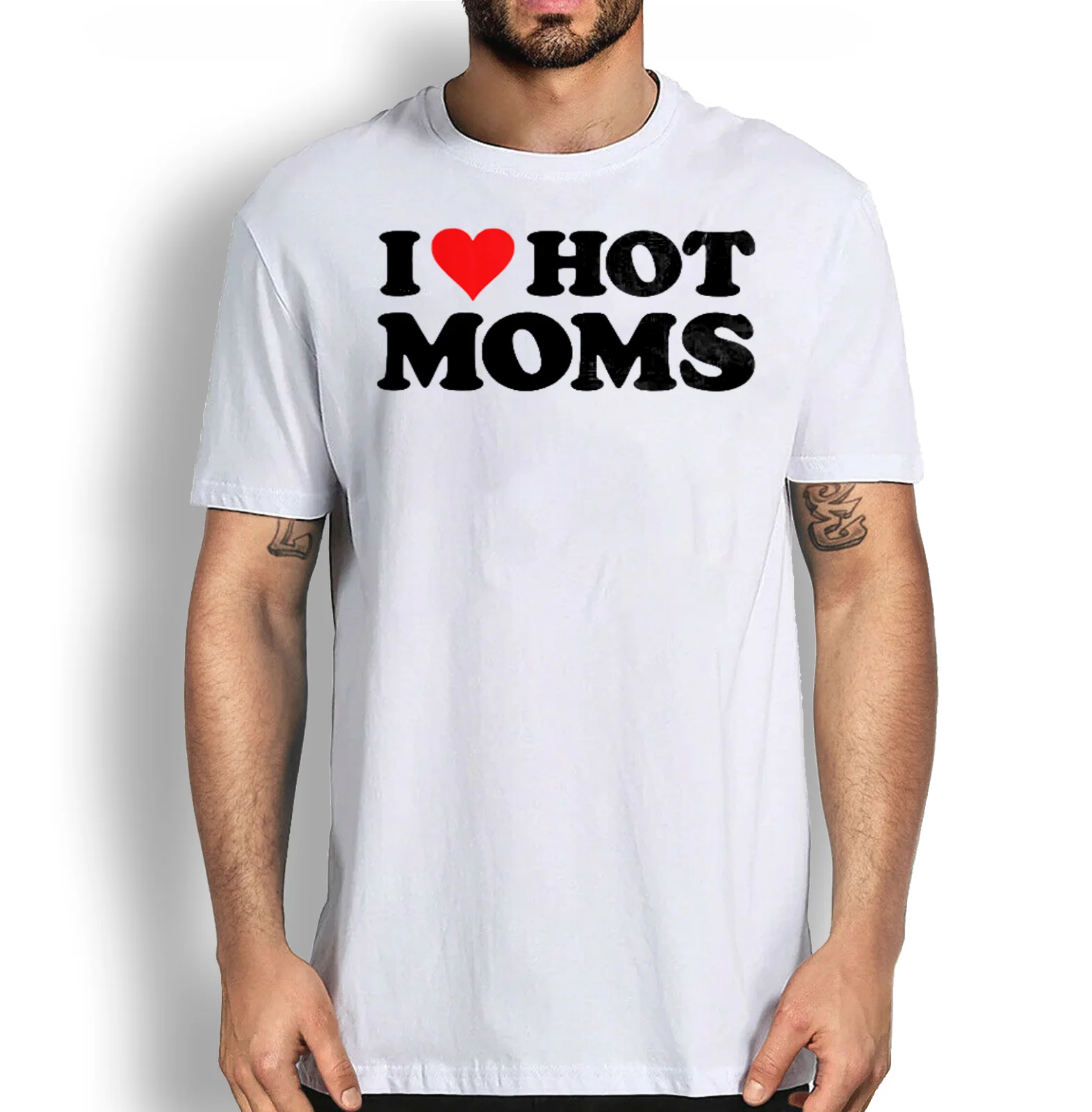 

I Love Hot Moms T-shirt Funny Red Heart Love Moms T-shirt, Hot Moms Shirt O - Collar Four - Season Printed T-shirt Short Sleeves