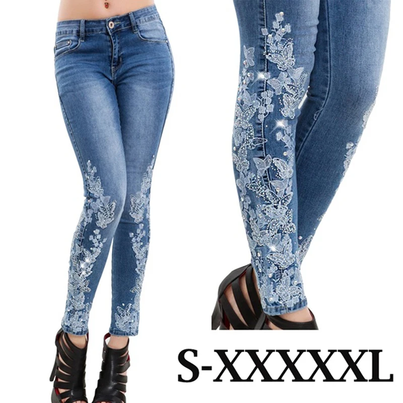 Stretch Embroidered Jeans For Women Elastic Flower Jeans Female Slim Denim Pants Pattern Jeans Pantalon Femme
