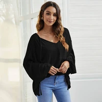 2021 fall womens new products v neck long sleeve pure color casual loose simple t shirt top