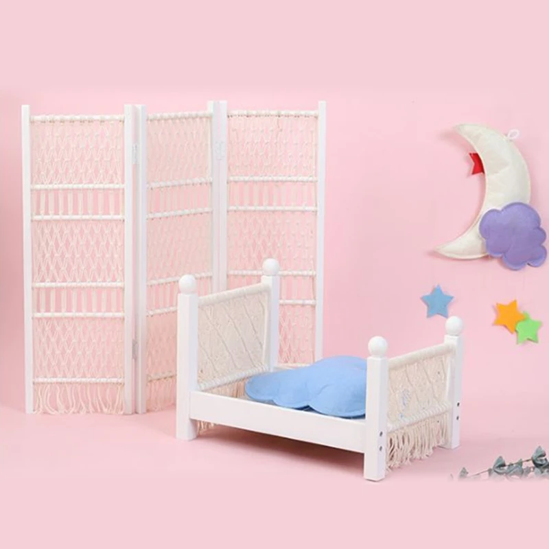 

Newborn Posing Mini Bed Baby Photo Shooting Props Cotton Rope Weave Wooden Crib Infant Photograph Accessory