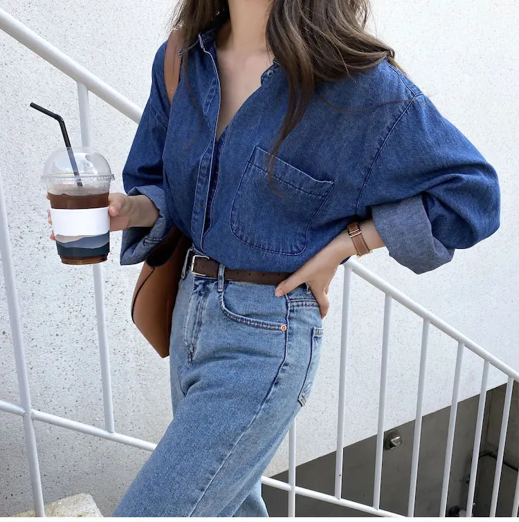 

Casual Long Sleeve Blue Demin Blouse Women 2020 Solid Turn Down Collar Pocket Hidden Buttons Fashion Shirts Fall Tops Blusas