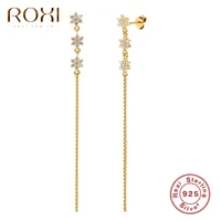 roxi long three crystals flowers stud earrings for women girls piercing earrings wedding jewelry 925 sterling silver pendientes