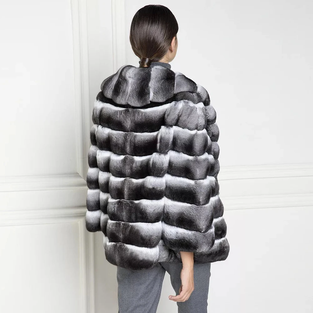 Fashion Women Natural Rex Rabbit Fur Coat With Lapel Collar Winter New Chinchilla Color Real Rex Rabbit Fur Jacket Thick Outwear