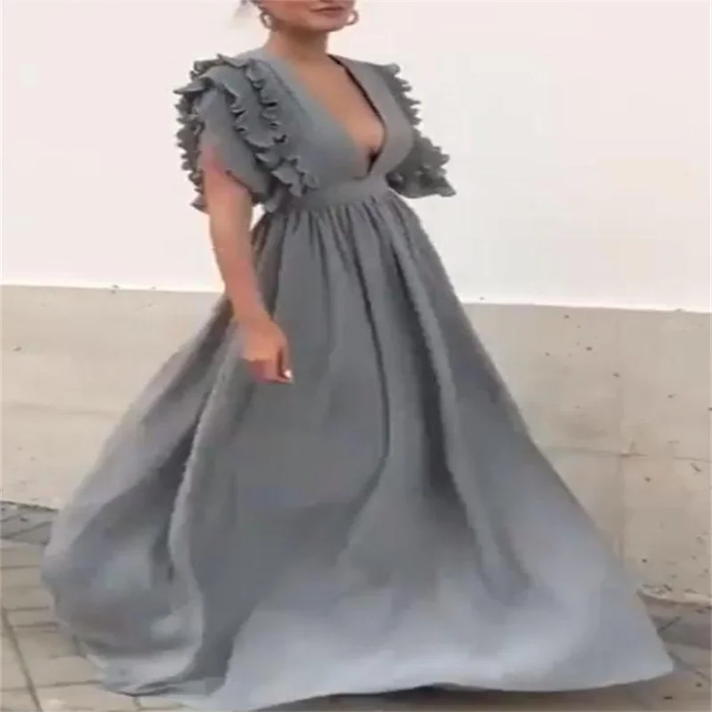 

One Yona Women Dresses For Summer 2021 Wedding Prom Gown Lady Sexy Deep V-Neck Ruffles Sleeve Solid Maxi Fashion Party Vestidos