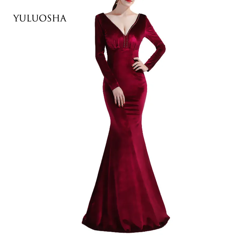 

YULUOSHA New Formal Dress Beading V-Neck Dress Long Sleeve Evening Gown Long Evening Dresses Vestidos De Fiesta De Noche