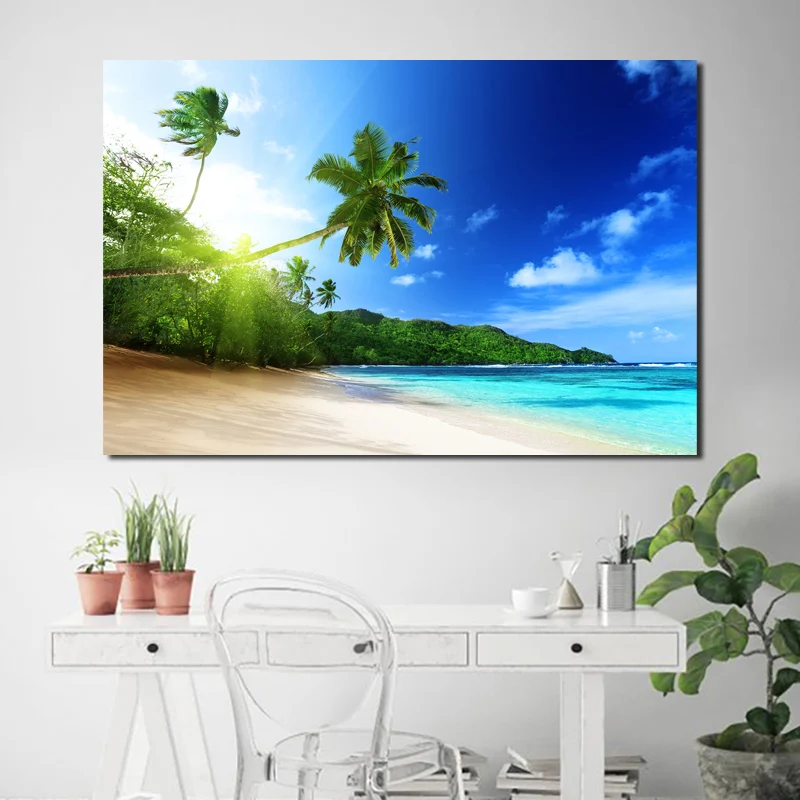 Солнечный свет пляж пальмовое дерево Холст Плакаты принты настенная живопись