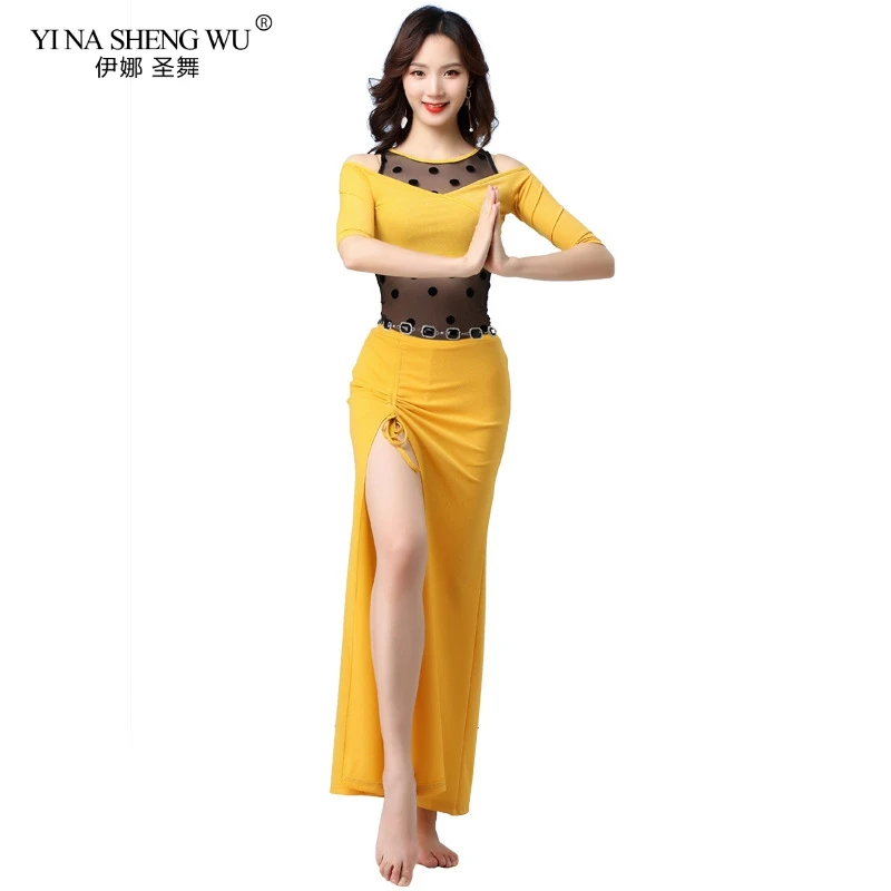 

New Fashion Women Belly Dance Clothes Belly Dance Costume Set Off Shoulder Top and Long Skirt Dots Mesh Belly Cover Waist chain