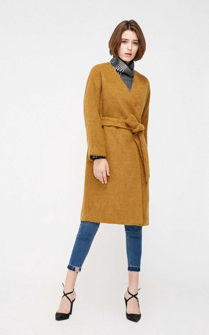 Vero Moda Женское зимнее шерстяное пальто средней длины с v-образным вырезом и короткими рукавами | 318327532