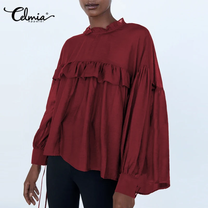 

Celmia Autumn Women Ruffled Blouses 2021 Fashion Long Lantern Sleeve Solid Elegant Office Blusas Casual Loose Tops Femininas