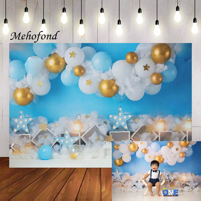 

Фон для фотосъемки Mehofond синие и белые воздушные шары Облака Звезды детский день рождения торт разбивать Фотостудия