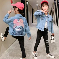 2021 spring autumn denim jackets for girls toddler cartoon cat pattern sequins ripped outerwear children clothing 3 14 years