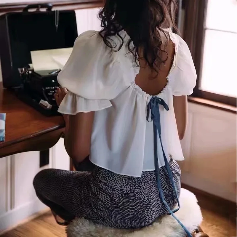 

Белая шифоновая блузка Foridol с бантом на бретельках топы с пышными рукавами женский укороченный топ с цветочным принтом Повседневная Блузка ...