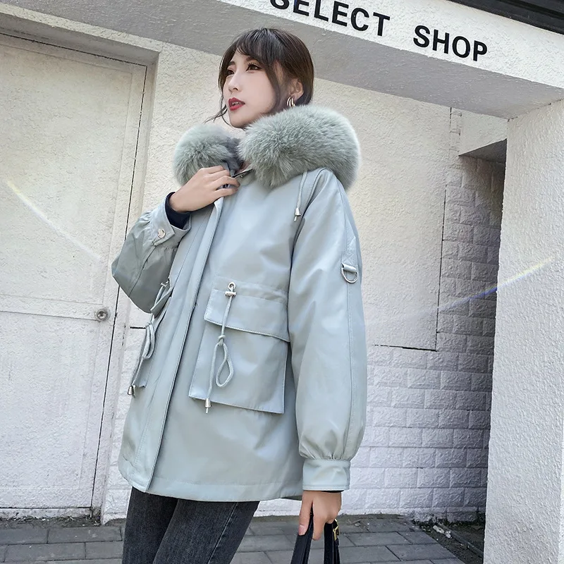 

2020 ladies fur rabbit lining fox collar elastic waist fashion hooded jacket