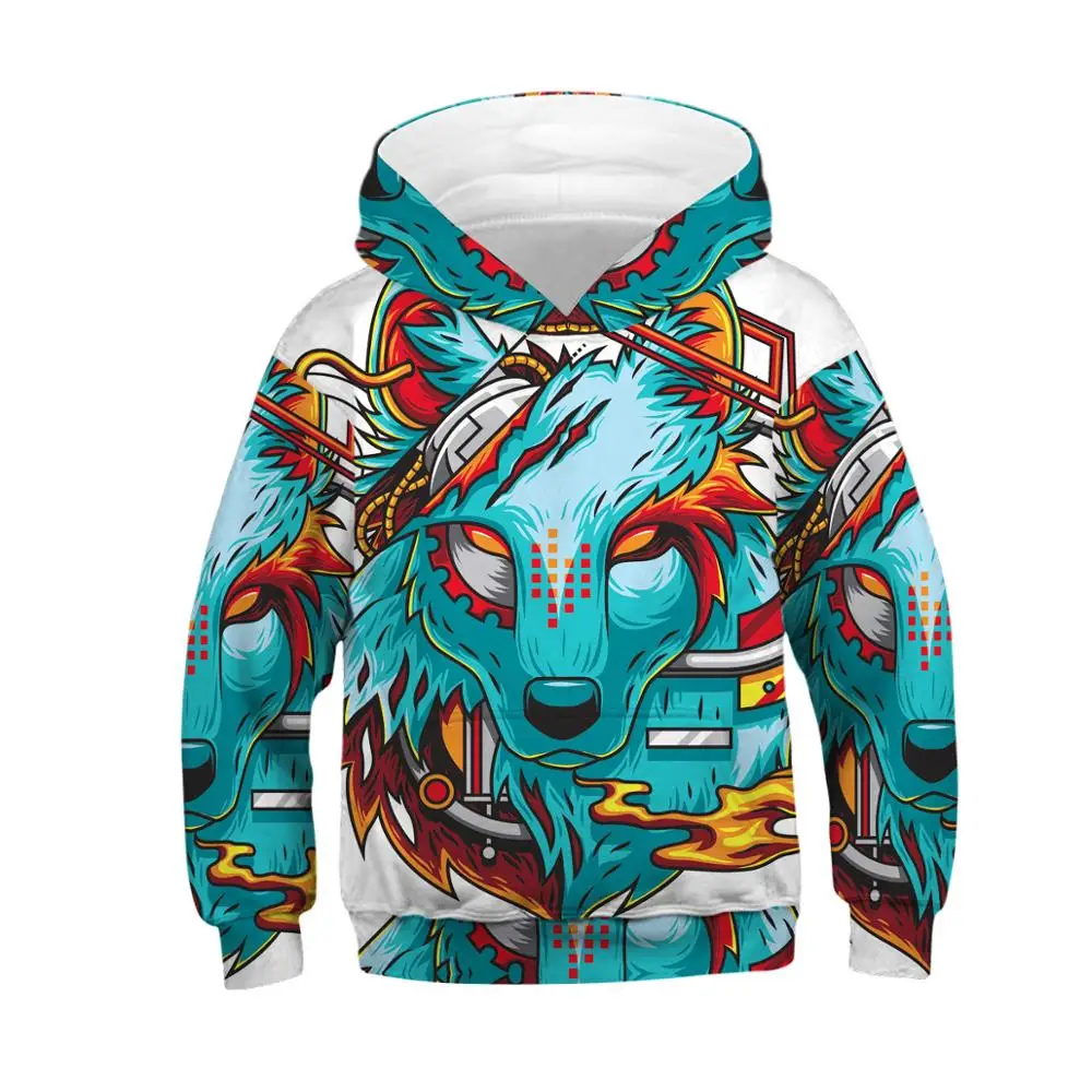 Толстовка с капюшоном и принтом волка для мальчиков девочек весенне осенняя