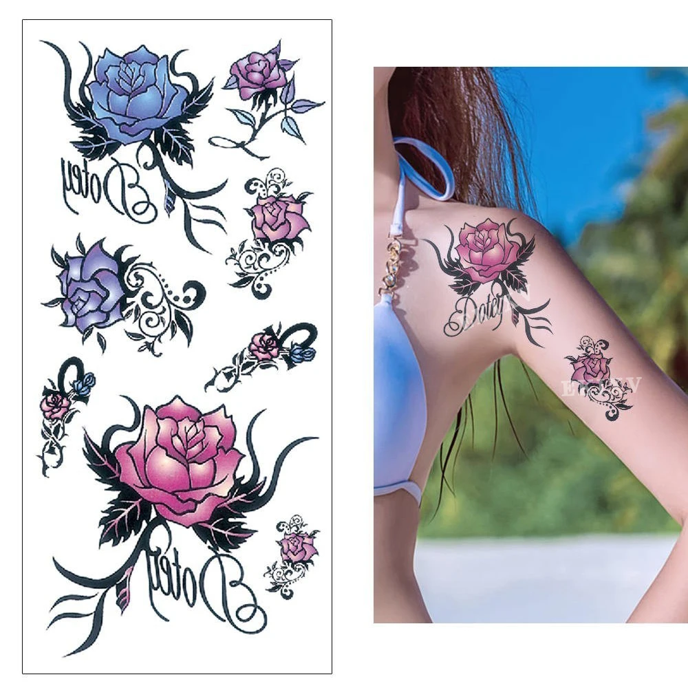 Watercolor temporary tattoo stickers Red blue rose lotus lily Waterproof sticker Flower butterfly Woman body Sexy | Красота и
