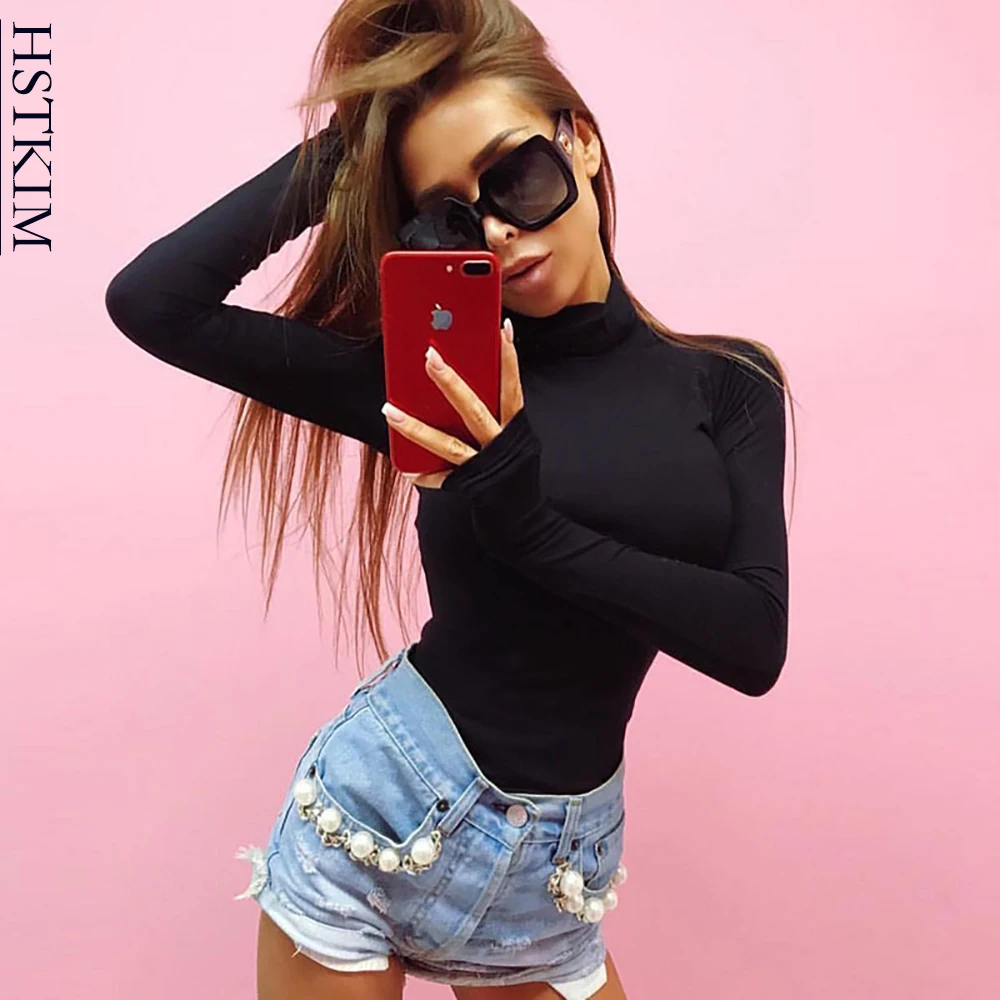 Облегающее черное облегающее платье с высоким воротником женские боди Модный