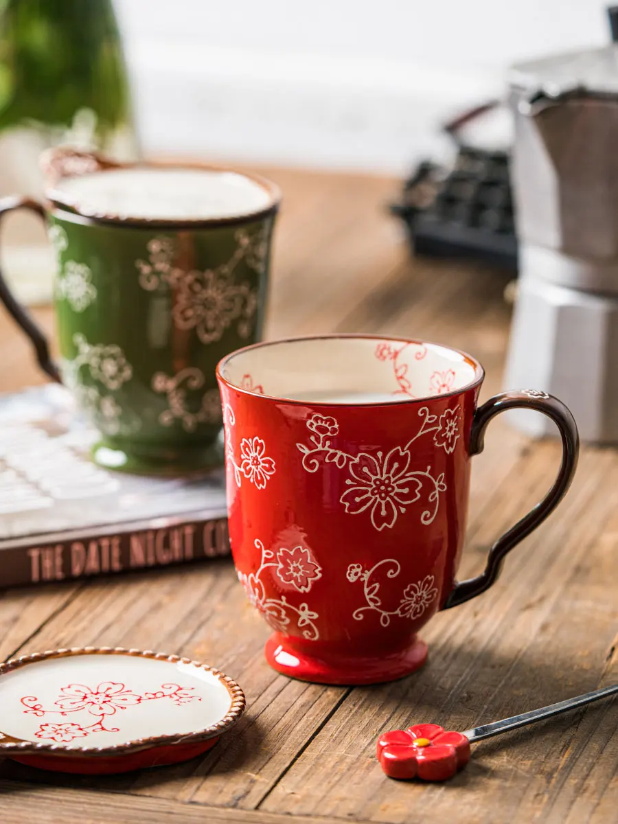 

Goblet Ceramic Coffee Mug Vintage Hand-painted Cherry Pattern Water Cup Microwave Couple's Milk Teacup